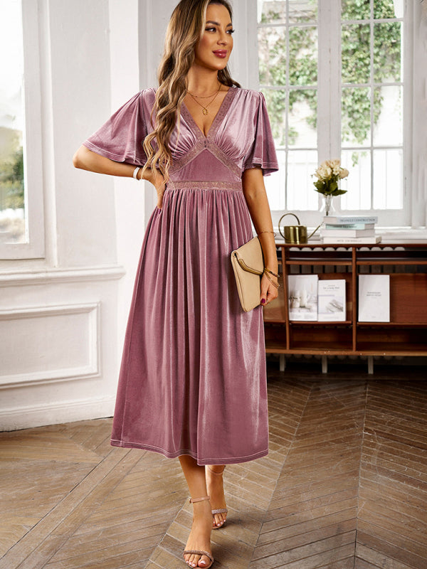 Velvet Dresses-Velvet A-Line Midi Cocktail Dress with Flared Sleeves-Pekosa Women Clothing