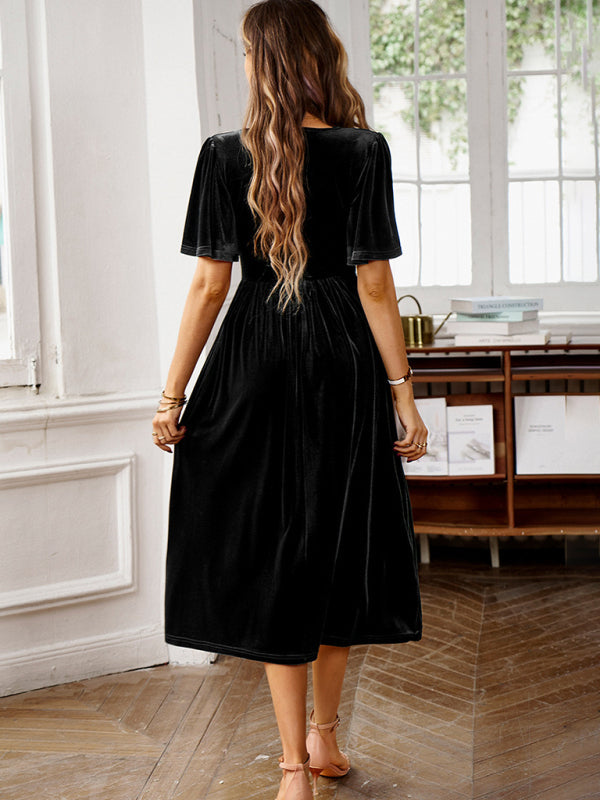 Velvet Dresses-Velvet A-Line Midi Cocktail Dress with Flared Sleeves-Pekosa Women Clothing