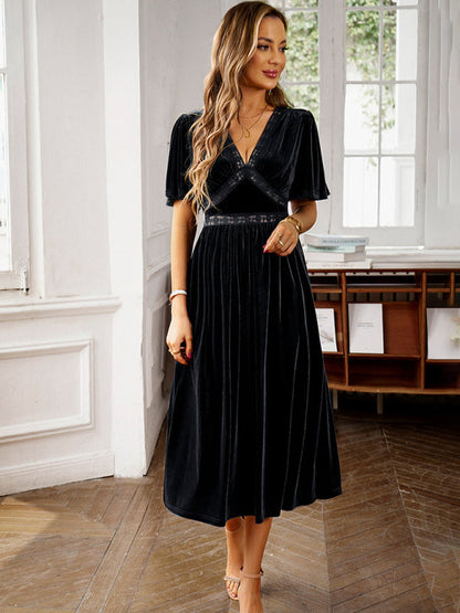 Velvet Dresses-Velvet A-Line Midi Cocktail Dress with Flared Sleeves-Pekosa Women Clothing