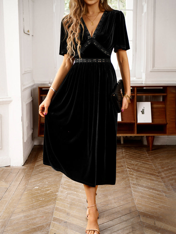 Velvet Dresses-Velvet A-Line Midi Cocktail Dress with Flared Sleeves-Pekosa Women Clothing