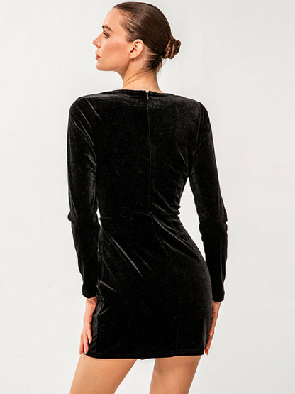 Velvet Dresses- Velvet Bodycon Mini Dress with Long Sleeves for Cocktail Parties- - IndioGear Clothing and Gear