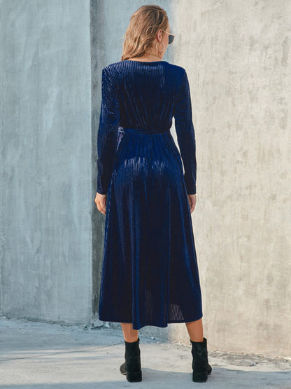 Velvet Dresses- Velvet Wrap Midi Dress with Long Sleeve for Special Occasions- - IndioGear Clothing and Gear