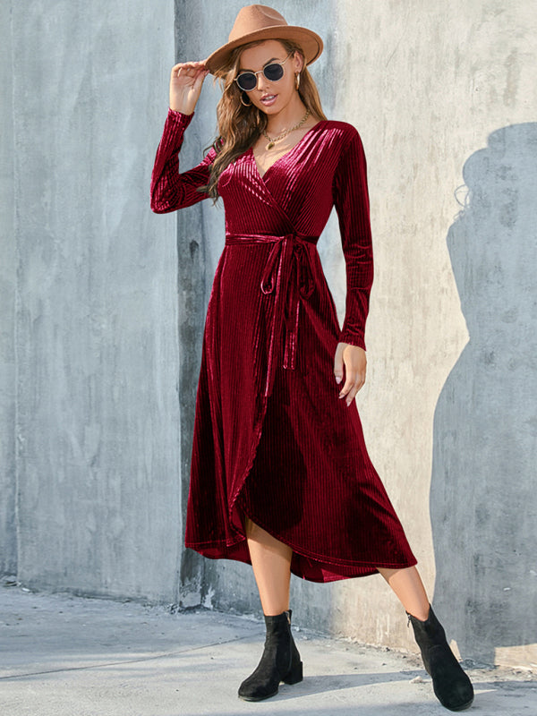 Velvet Dresses- Velvet Wrap Midi Dress with Long Sleeve for Special Occasions- Red- IndioGear Clothing and Gear