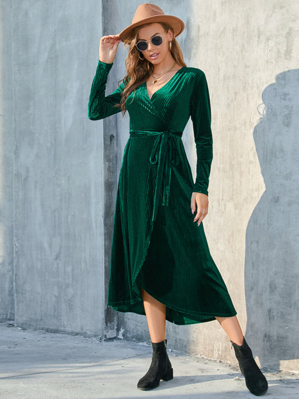 Velvet Dresses- Velvet Wrap Midi Dress with Long Sleeve for Special Occasions- - IndioGear Clothing and Gear