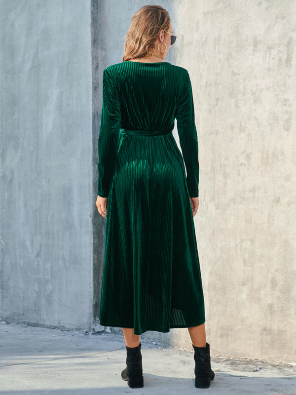 Velvet Dresses- Velvet Wrap Midi Dress with Long Sleeve for Special Occasions- - IndioGear Clothing and Gear