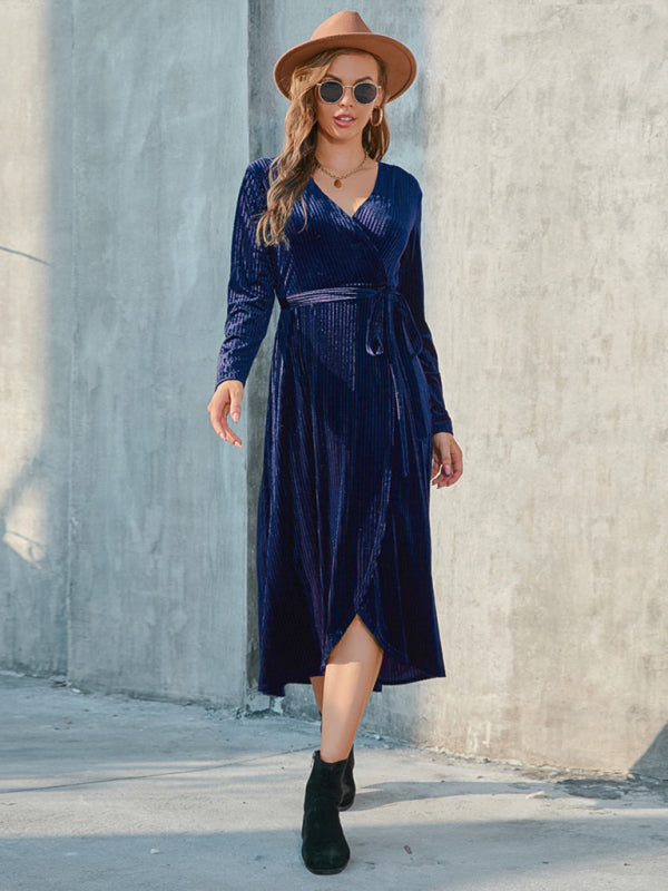 Velvet Dresses- Velvet Wrap Midi Dress with Long Sleeve for Special Occasions- - IndioGear Clothing and Gear