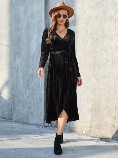 Velvet Dresses- Velvet Wrap Midi Dress with Long Sleeve for Special Occasions- - IndioGear Clothing and Gear