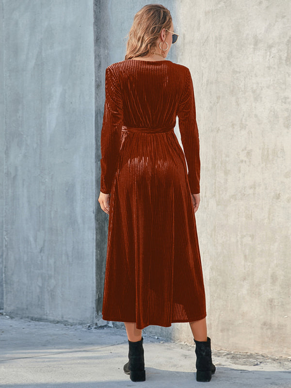 Velvet Dresses- Velvet Wrap Midi Dress with Long Sleeve for Special Occasions- - IndioGear Clothing and Gear