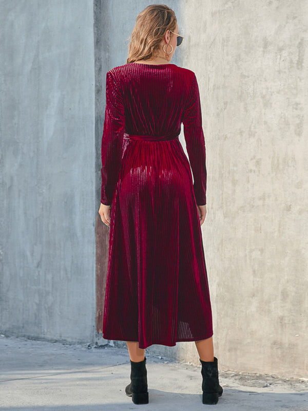 Velvet Dresses- Velvet Wrap Midi Dress with Long Sleeve for Special Occasions- - IndioGear Clothing and Gear