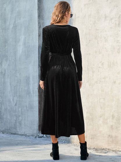 Velvet Dresses- Velvet Wrap Midi Dress with Long Sleeve for Special Occasions- - IndioGear Clothing and Gear