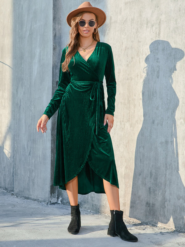 Velvet Dresses- Velvet Wrap Midi Dress with Long Sleeve for Special Occasions- - IndioGear Clothing and Gear