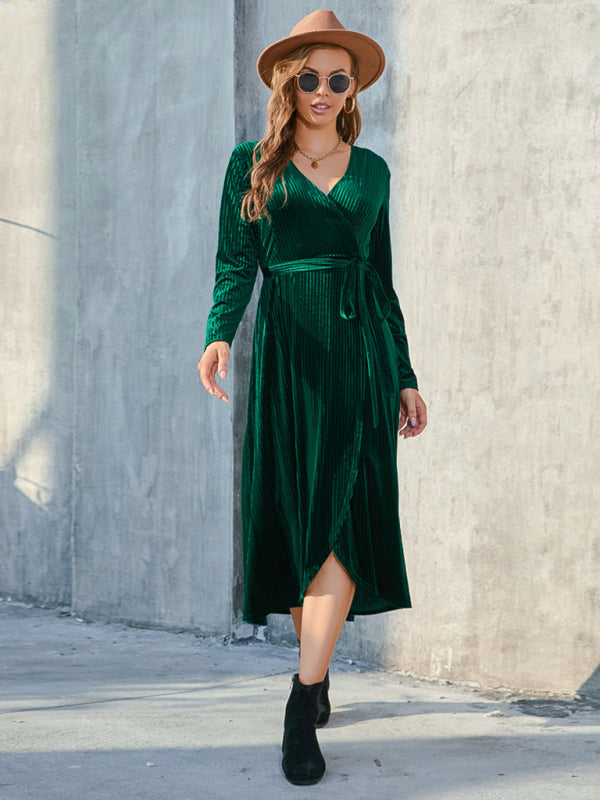 Velvet Dresses- Velvet Wrap Midi Dress with Long Sleeve for Special Occasions- - IndioGear Clothing and Gear