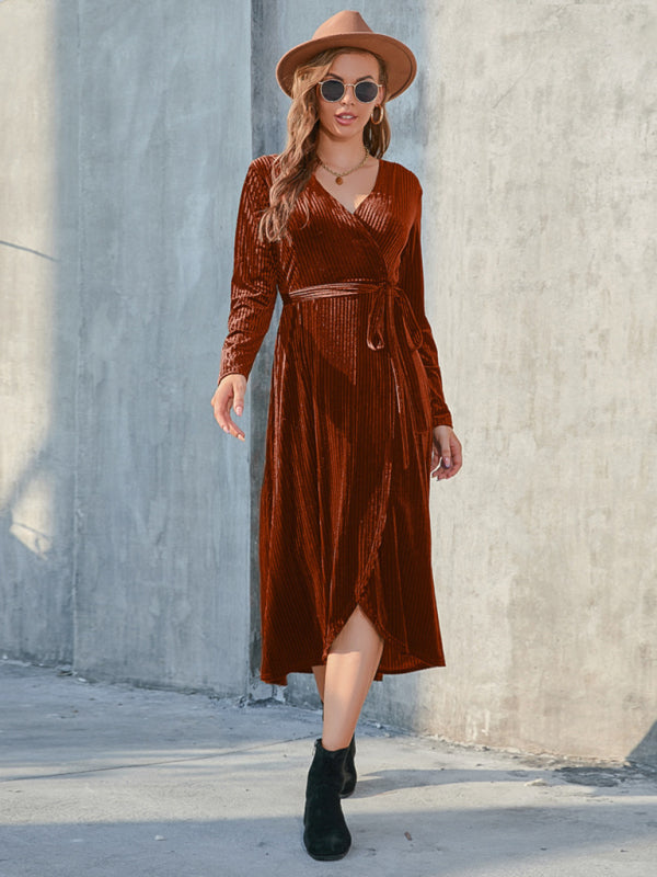 Velvet Dresses- Velvet Wrap Midi Dress with Long Sleeve for Special Occasions- Orange- IndioGear Clothing and Gear