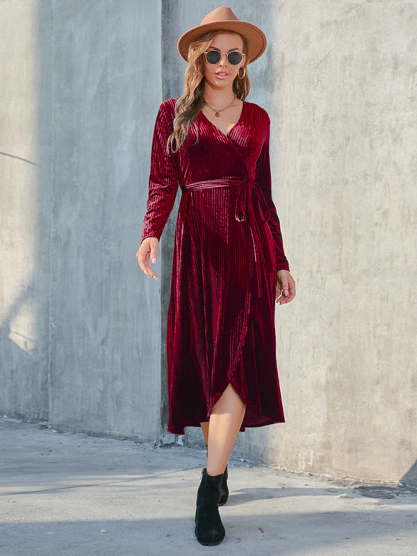 Velvet Dresses- Velvet Wrap Midi Dress with Long Sleeve for Special Occasions- - IndioGear Clothing and Gear