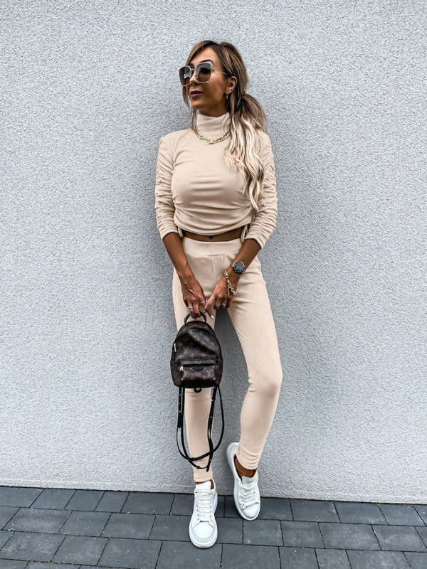 Velvet Set- Lounging Velvet Couture Leggings and Ruched High Neck Top- Cracker khaki- IndioGear Clothing and Gear