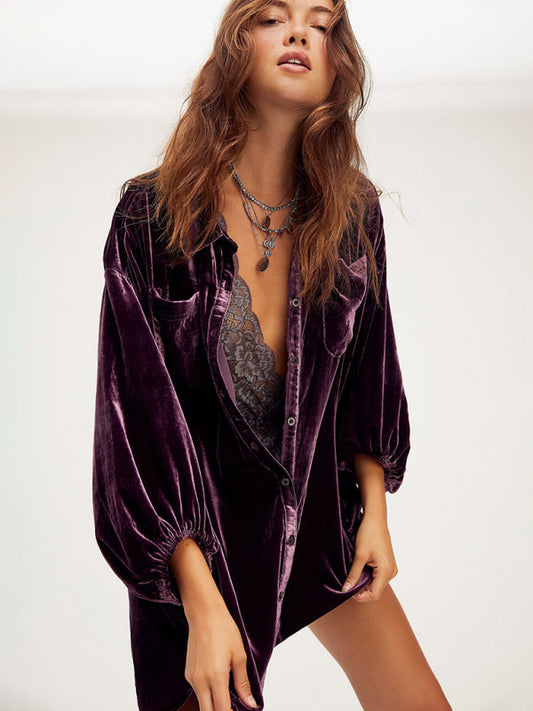 Velvet Shirts- Oversized Velvet Mid-Length Shirt- Purple- IndioGear Clothing and Gear