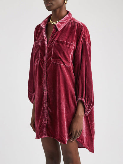 Velvet Shirts- Oversized Velvet Mid-Length Shirt- Wine Red- IndioGear Clothing and Gear