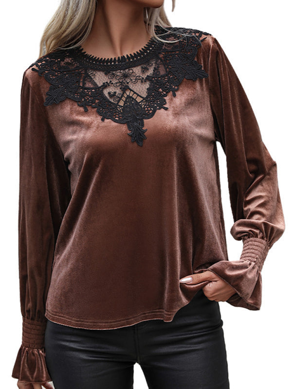 Velvet Tops- Elegant Velvet Blouse - Velour Top with Delicate Lace Accents- - IndioGear Clothing and Gear