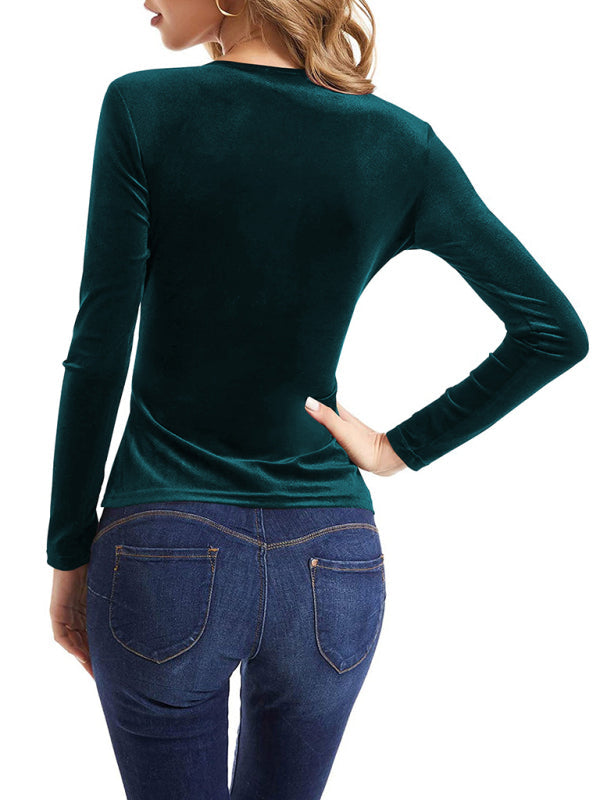 Velvet Tops- Luxe Velour Charm: Elegant Wrap V-Neck Top- - IndioGear Clothing and Gear