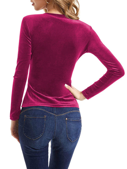 Velvet Tops- Luxe Velour Charm: Elegant Wrap V-Neck Top- - IndioGear Clothing and Gear