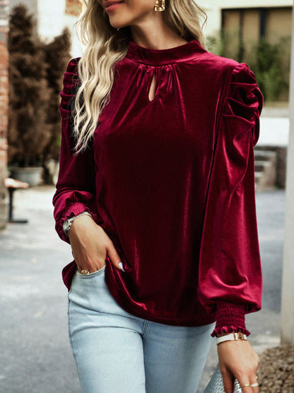 Velvet Tops- Winter High Neck Velvet Blouse with Puff Sleeves and Bowknot Back- - IndioGear Clothing and Gear