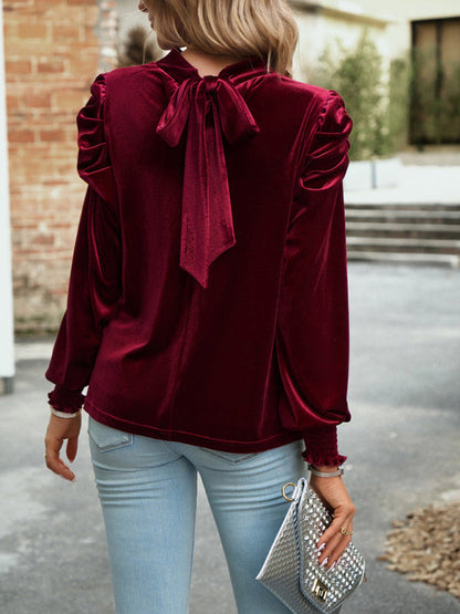 Velvet Tops- Winter High Neck Velvet Blouse with Puff Sleeves and Bowknot Back- - IndioGear Clothing and Gear