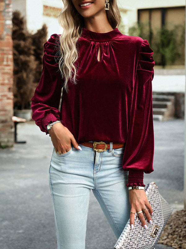 Velvet Tops- Winter High Neck Velvet Blouse with Puff Sleeves and Bowknot Back- - IndioGear Clothing and Gear