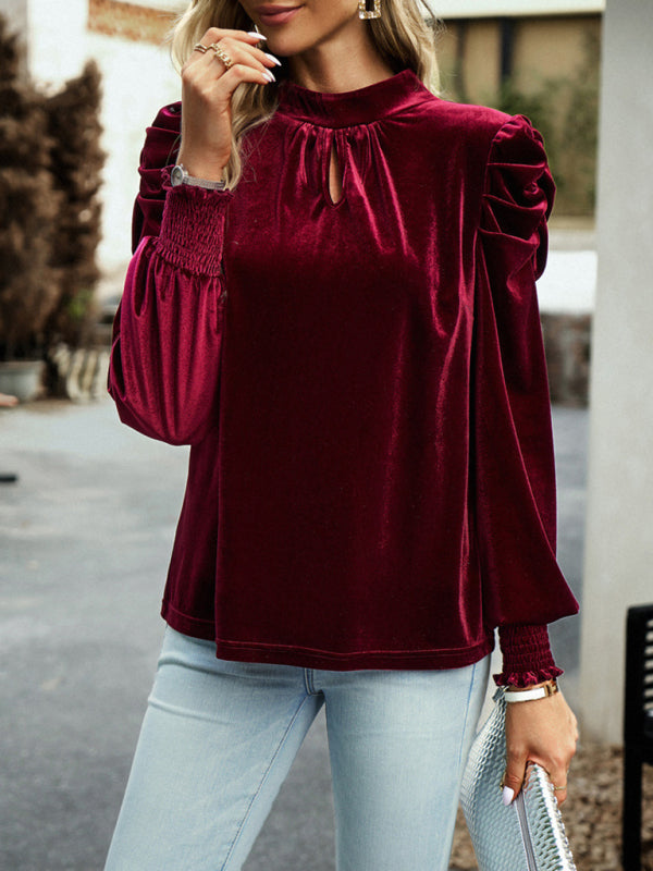 Velvet Tops- Winter High Neck Velvet Blouse with Puff Sleeves and Bowknot Back- - IndioGear Clothing and Gear