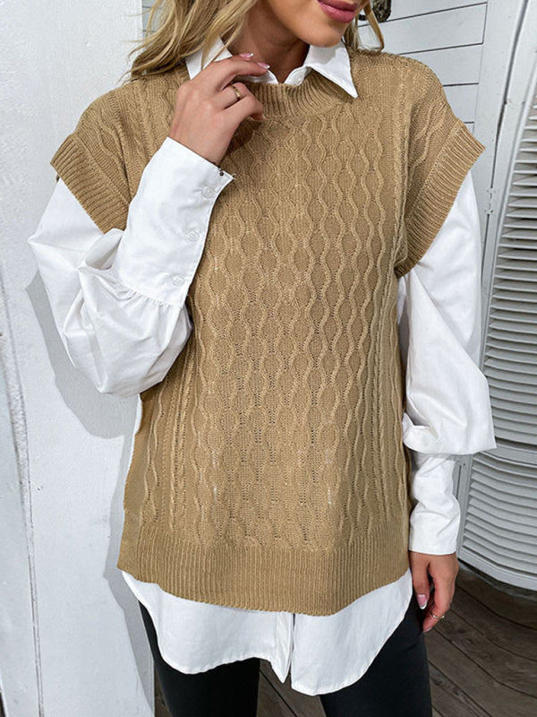 Vest- Solid Cable Knit Short Sleeve Vest Sweater- Khaki- IndioGear Fashion and Gear