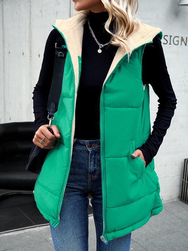 Waistcoats- Puffer Hooded Waistcoat - Zip-Up Mid-Length Vest for Winter- Green- IndioGear Clothing and Gear