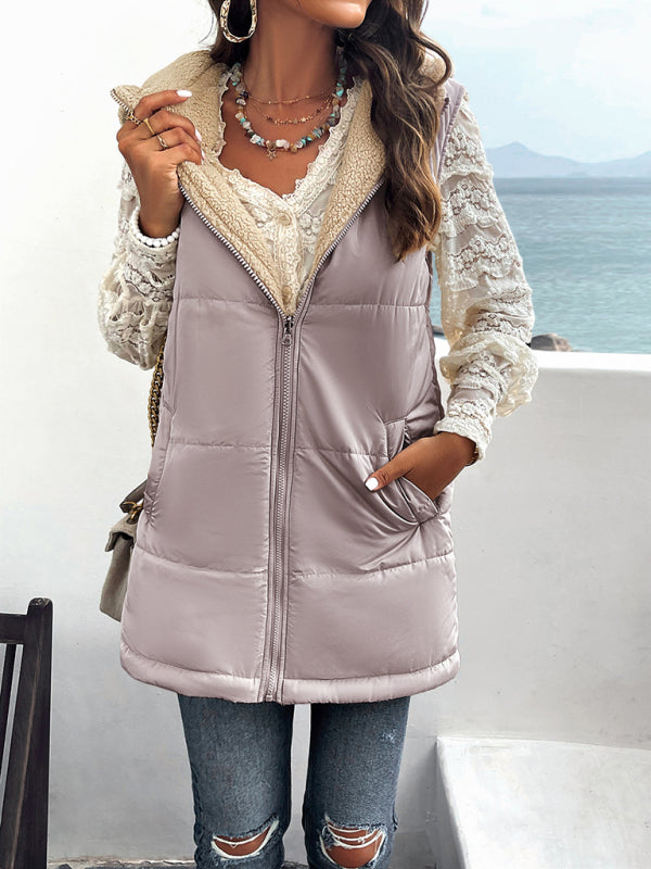 Waistcoats- Puffer Hooded Waistcoat - Zip-Up Mid-Length Vest for Winter- - IndioGear Clothing and Gear