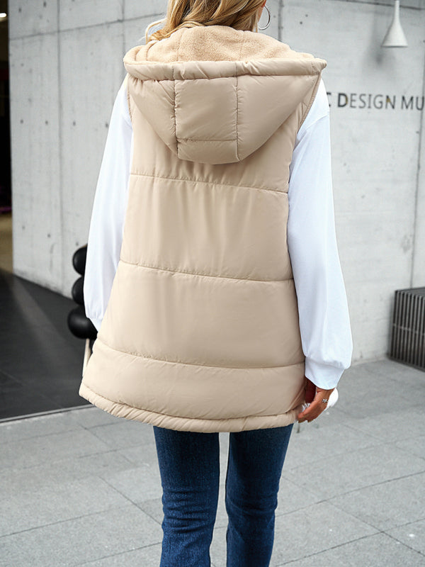 Waistcoats- Puffer Hooded Waistcoat - Zip-Up Mid-Length Vest for Winter- - IndioGear Clothing and Gear