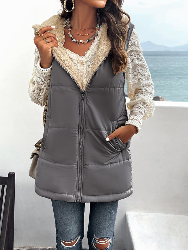 Waistcoats- Puffer Hooded Waistcoat - Zip-Up Mid-Length Vest for Winter- - IndioGear Clothing and Gear