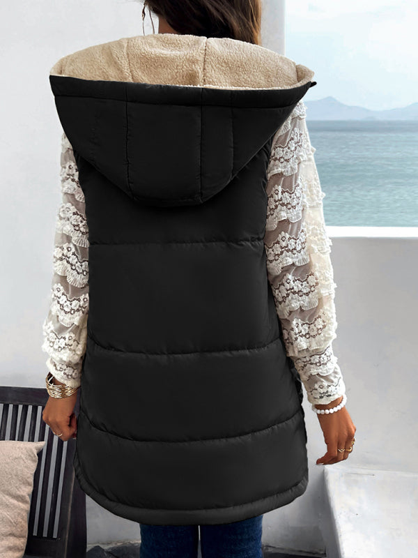 Waistcoats- Puffer Hooded Waistcoat - Zip-Up Mid-Length Vest for Winter- - IndioGear Clothing and Gear