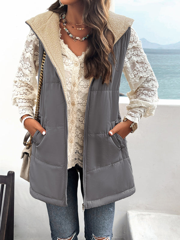 Waistcoats- Puffer Hooded Waistcoat - Zip-Up Mid-Length Vest for Winter- - IndioGear Clothing and Gear