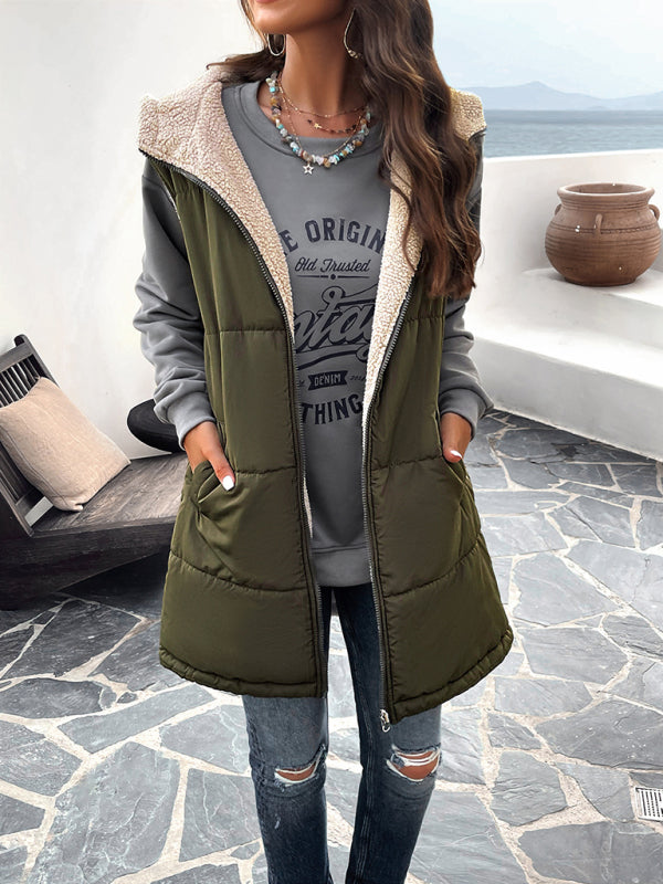 Waistcoats- Puffer Hooded Waistcoat - Zip-Up Mid-Length Vest for Winter- - IndioGear Clothing and Gear