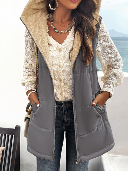 Waistcoats- Puffer Hooded Waistcoat - Zip-Up Mid-Length Vest for Winter- Blue grey- IndioGear Clothing and Gear