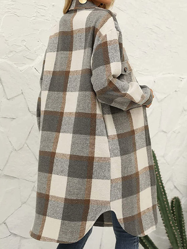 Windbraker- Faux Wool Plaid Windbreaker Longline Coat- - IndioGear Clothing and Gear