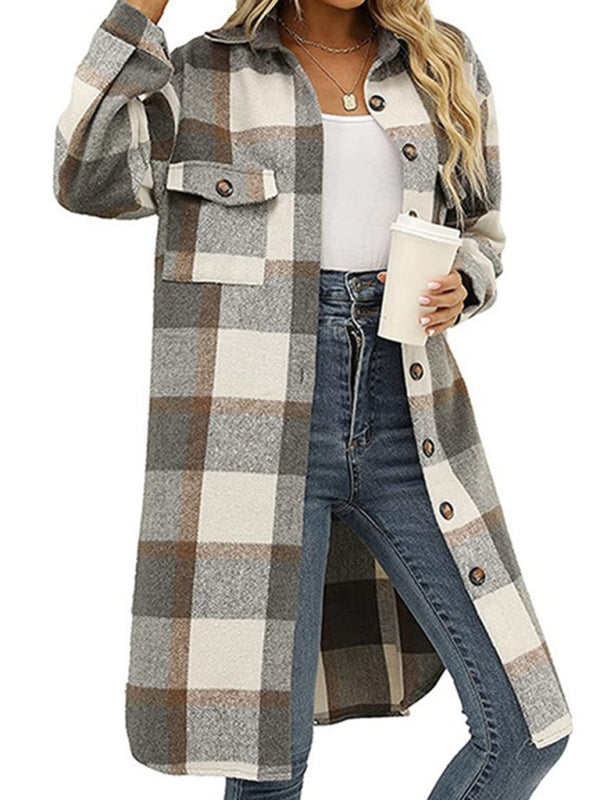 Windbraker- Faux Wool Plaid Windbreaker Longline Coat- - IndioGear Clothing and Gear