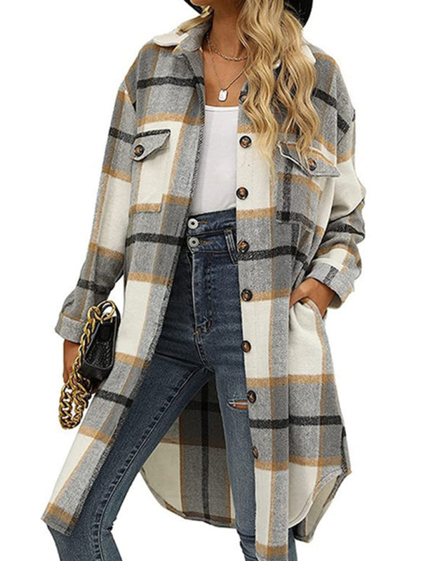 Windbraker- Faux Wool Plaid Windbreaker Longline Coat- - IndioGear Clothing and Gear