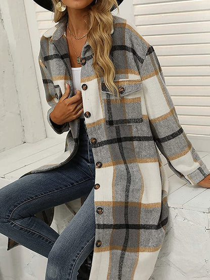 Windbraker- Faux Wool Plaid Windbreaker Longline Coat- - IndioGear Clothing and Gear