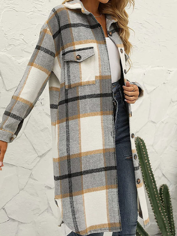 Windbraker- Faux Wool Plaid Windbreaker Longline Coat- - IndioGear Clothing and Gear