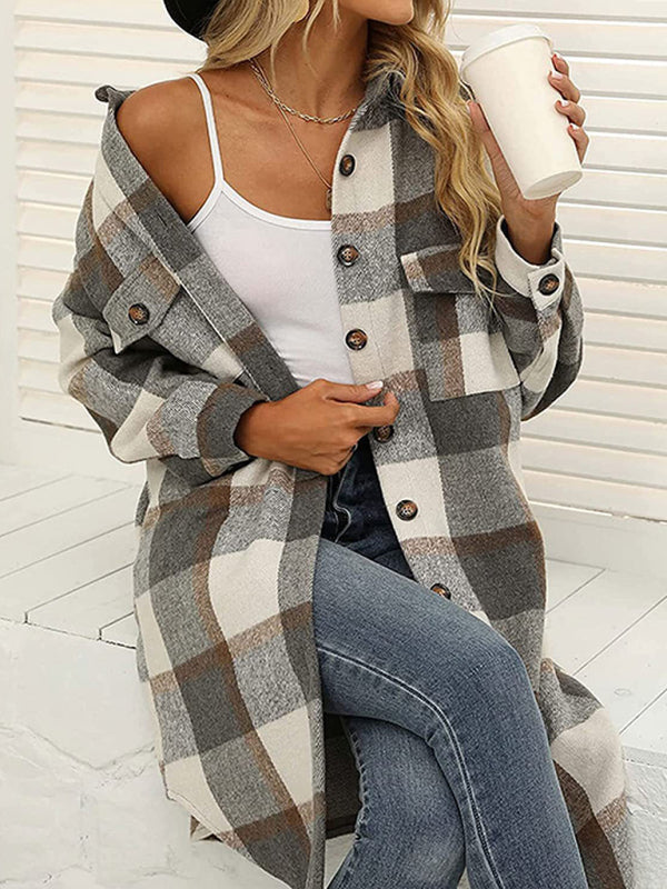 Windbraker- Faux Wool Plaid Windbreaker Longline Coat- Grey- IndioGear Clothing and Gear