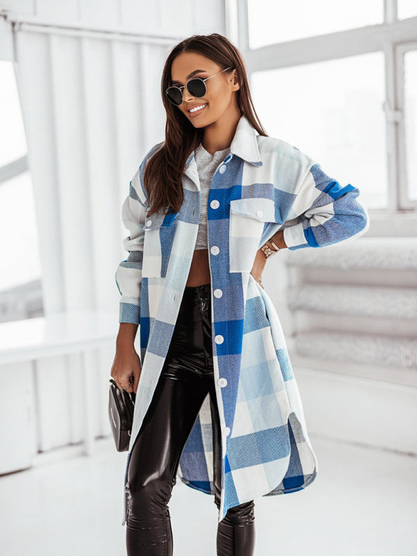 Windbreakers-Longline Shacket Windbreaker - Mid-Length Fall Plaid Wool Jacket-Pekosa Women Clothing