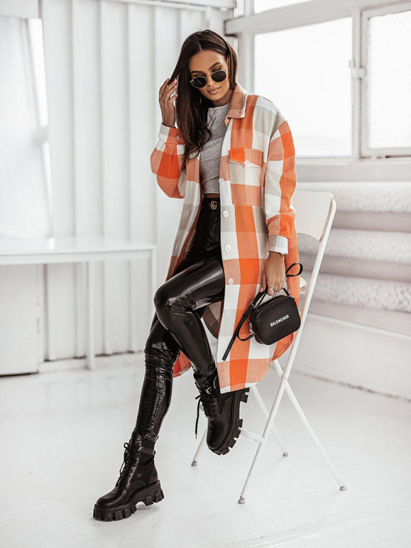 Windbreakers-Longline Shacket Windbreaker - Mid-Length Fall Plaid Wool Jacket-Pekosa Women Clothing