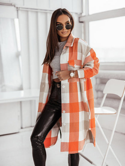 Windbreakers-Longline Shacket Windbreaker - Mid-Length Fall Plaid Wool Jacket-Pekosa Women Clothing