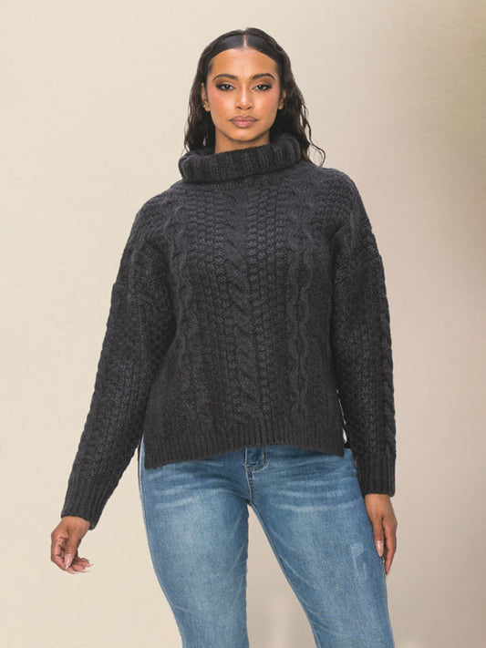 Winter Sweaters- Cozy Chunky Cable Knit Turtleneck Sweater- Grey- IndioGear Clothing and Gear