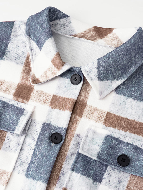 Woolen Jackets- Woolen Plaid Mid-Length Shirt Jacket Autumn Shacket- - IndioGear Clothing and Gear