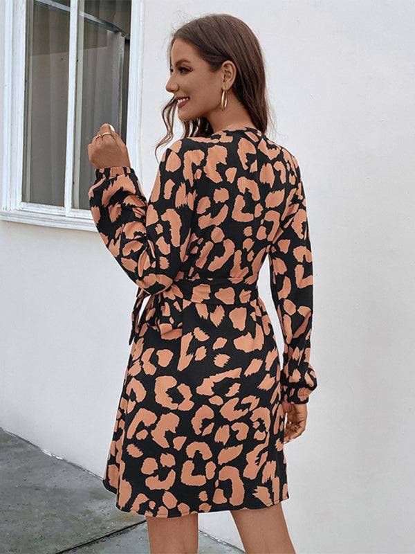 Wrap Dresses- Abstract Print Long Sleeve Wrap Dress- - IndioGear Clothing and Gear