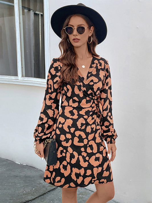 Wrap Dresses- Abstract Print Long Sleeve Wrap Dress- Brown- IndioGear Clothing and Gear